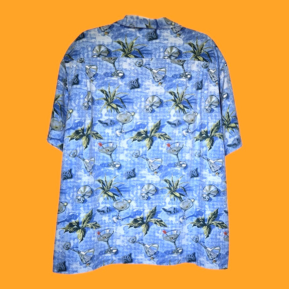 Columbia Men's Blue Hawaiian Aloha XXL Martini Cocktail with Olive Swizzle Shirt - Picture 10 of 13